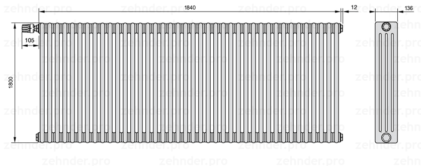 Схема (чертеж) Радиатор Zehnder Charleston 4180/40 №V011 Белый глянцевый RAL 9016